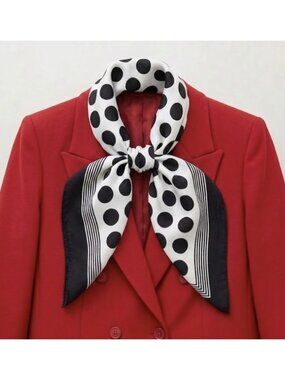 ✨Luxurious Retro Chic Silky Scarf Black White Polka Dot Geometric Print Square✨